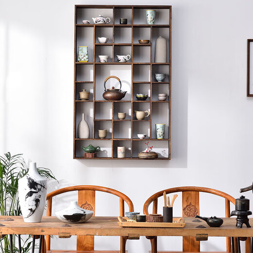 
YWZR Bo Ancient Shelf Solid Wood Chinese Wall-mounted Wall Solid Wood Duobao Pavilion Tea Cup Shelf Teapot Tea Set Storage Wall Heavy-burning Special-shaped 4839 grid Large size