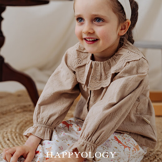 Happyology British children's tops girls embroidered shirt lapel spring and autumn embroidered long-sleeved shirt khaki 86 (86cm)