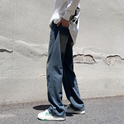 Black Box White Jeans Primavera y verano New American Retro Brand Retro Brand High Street Lo suelto Diseño de nicho de nicho Pantalones directos DDD-675 Azul L