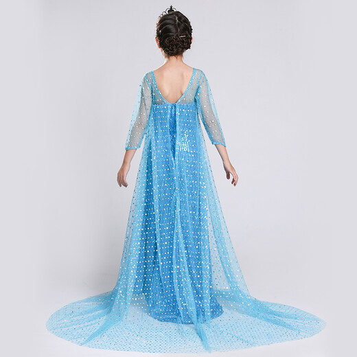 Yiai Elsa Princess Dress Autumn and Winter Frozen Girls Dress Elsa Skirt Floor-length Skirt New Year Clothes Performance Costume Blue Sequin Skirt Short 120 (recommended height 110-120cm)