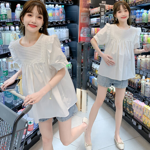 
Geman maternity suit summer suit fashionable 2024 new summer tops small fashionable shirt shorts summer white top + blue belly shorts L