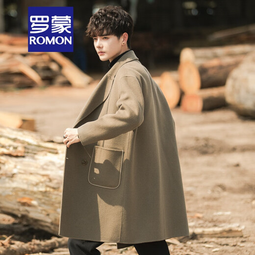 Romon (Romon) Bright-Line-Design doppelseitiger Wollmantel für Herren-Mitte des Herbstes und Winterkaschmirwolle, verdickte Windbreaker-Jacke für Männer grau-grüne XL (145-165jin [Jin ist ungefähr 0,5 kg])