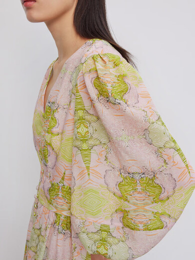 Fabrique Tennis mezclada manga hojaldre estampado temperamento de falda larga mujer rosa claro xs