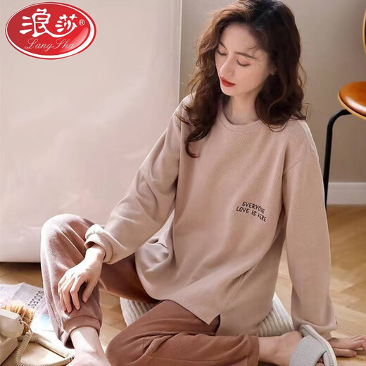 
LangSha (LangSha) Spring and Autumn Soft and Comfortable Women's Pajamas Long Sleeve Trousers Cotton Can be worn on the outside round neck casual home clothing set XB9922 M Women