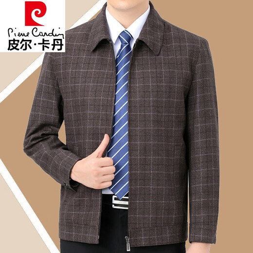 Pierre cardin high-end men's spring and autumn middle-aged and elderly jackets business casual wool material men's jacket lapel dad's top 209 khaki 165/84A