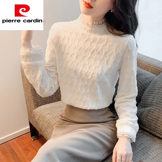 Pierre Cardin half turtleneck lace bottoming shirt for women 2025 autumn and winter new style French style plus velvet thickened lace top, milky white plus velvet M