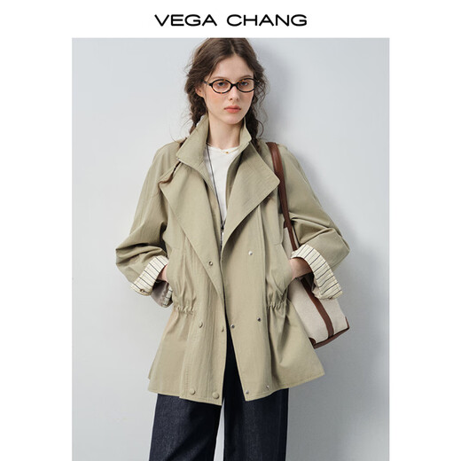 VEGA CHANG windbreaker for women petite 2026 spring new style waisted short cuffs striped splicing loose jacket fog khaki S