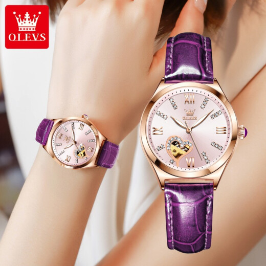 
OLEVS Swiss certified brand watches for women mechanical watches fully automatic simple temperament women's watches luminous waterproof women's watches OLEVS-6636-Purple leather rose shell powder