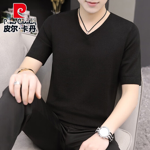 
Pier Cardin autumn and winter short-sleeved sweater for men v-neck T-shirt half-sleeved knitted base shirt for men slim fit inner solid color sweater thread Q9903 brown (round collar) 180/XXL