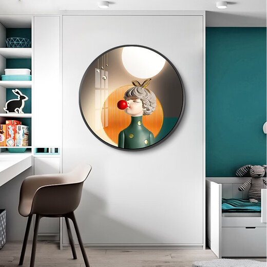 Villa round crystal porcelain painting bedroom decoration painting modern simple abstract cartoon characters children's room hanging painting room bedside painting 13886 Young girl [default black frame] High-transparent crystal porcelain surface diameter 50