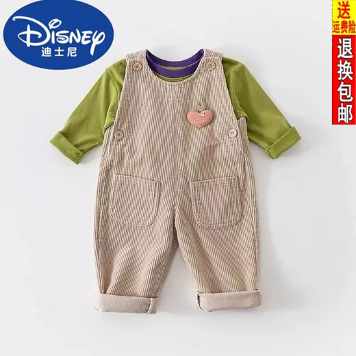 Disney baby overalls autumn and winter plus velvet infant jumpsuit 0 to 3 years old children's casual cute baby corduroy pants khaki (spring and autumn) 90