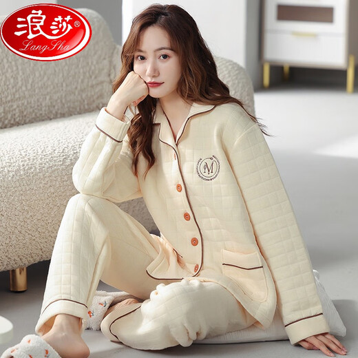 浪莎（LangSha）秋冬季空气棉夹层睡衣女纯棉长袖夹棉加肥妈妈家居服套装居家服 844薄.款 M