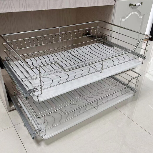 XMSJ304 Pull Basket Edelstahl fester Dämpfungspuffer Schrank Klangkorb Schale Schüssel Rack Doppelschicht Schüssel Schale Küche Schüsselkorb 1 Runde Stahl 720 Schrankkörper leer 665-695