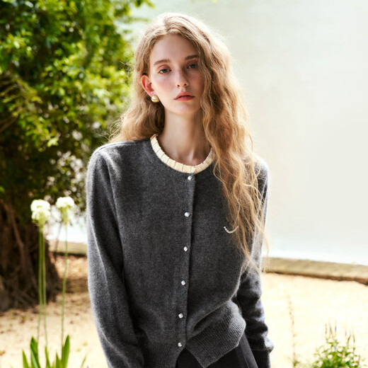 Olrain French small fragrant sweater for women in autumn new French stand-up collar black earring cardigan gray (second batch) M