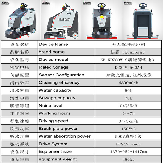 Kuarbaa floor washing machine suction and mopping integrated commercial driving unmanned robot industrial factory workshop floor washing truck shopping mall supermarket electric floor scrubber cleaning mop KB-XD780W unmanned floor washing robot [sewage recycling]