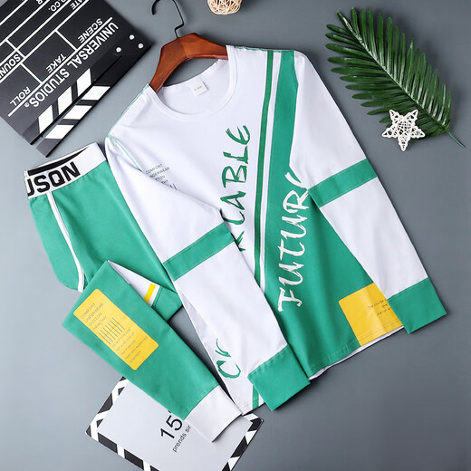 Wolf Country Men's Autumn Clothes and Autumn Pants Men's Suits for Autumn and Winter Youth Coldproof Linens and Linen Pants Bottoming Shirts Trendy Tight Warm Clothes Suit Black XL Suitable for 120-140Jin Jin equals 0.5 kg