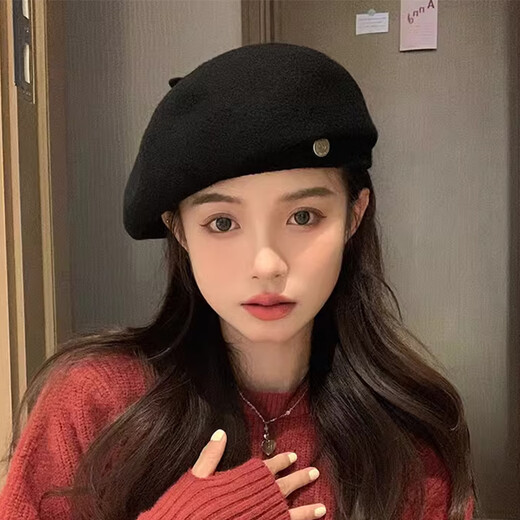 妙奕嘉羊毛贝雷帽女帽子秋冬女士报童帽2024新款春秋时尚洋气画家帽百搭 毛呢小尾巴金属扣贝雷帽【黑色】