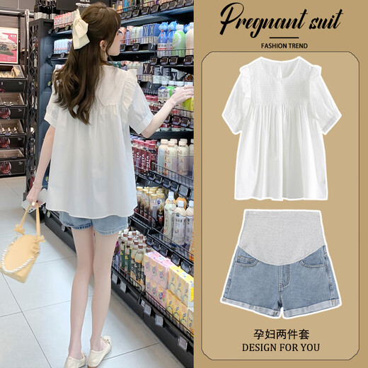 
Geman maternity suit summer suit fashionable 2024 new summer tops small fashionable shirt shorts summer white top + blue belly shorts L
