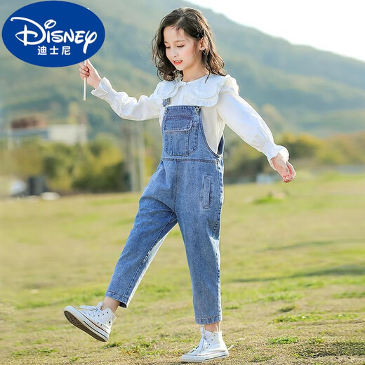 迪士尼（Disney）女童牛仔背带裤2024新款10岁中大童韩版裤子春秋洋气儿童秋装套装 蓝色背带裤 150cm 建议10-11岁