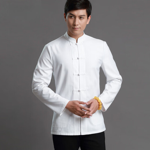未萱行政总厨高端工作服中式唐装厨师服中国风长袖秋冬男手工盘扣上衣 白色长袖 17084AL码 均码