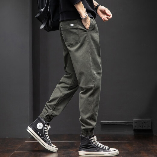 CHARLUOEL casual pants men's 2025 spring and autumn trendy brand loose pants men's work clothes harem pants nine-point men's pants tying feet trousers 998 black XL