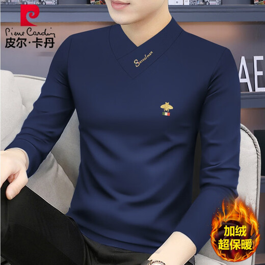 Pierre Cardin spring and autumn new thin underwear men's long-sleeved T-shirt v-neck slim bottoming shirt warm tops casual T-shirt 220732-Navy Blue-Spring and Autumn Thin* Style 2XL suitable for 140-155Jin Jin equals 0.5 kg