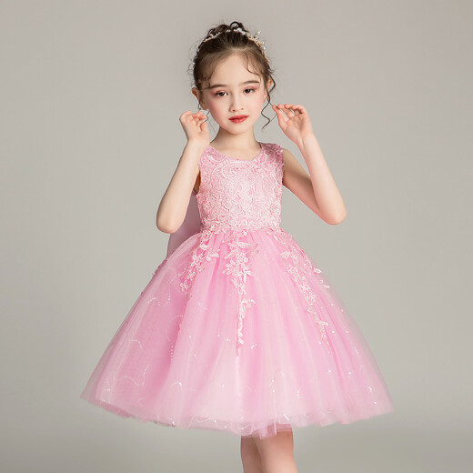 Shengxian Girls Princess Dress Wedding Dress Children's Puffy Performance Costumes 3-12 Years Old Medium and Large Children's Clothes Flower Girl Dress [Summer Style] Pink 120
