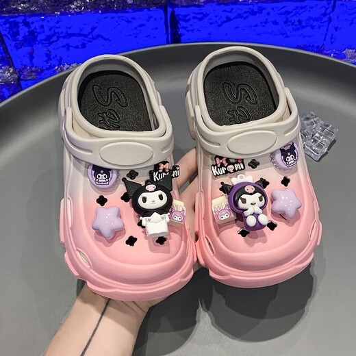 Xianzheyi Children's Slippers Girls Gradient Croc Shoes Summer Style 2024 Kuromi Girls Beach Baotou Sandals Anti-Slip Parent-child Upgraded White Pink 32-33 Inner Length 20