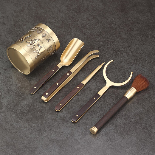 Jiutang Pure Brass Tea Ceremony Six Gentlemen Set Tea Clamps, Tea Knife and Spoon Three-piece Set High-end Tea Making Tools Tea Accessories Five Cows - Brass Tea Ceremony Six Gentlemen