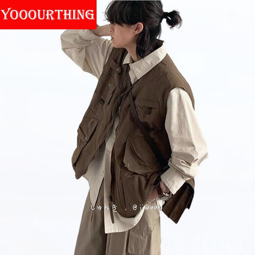 YOOOURTHING Japanese Retro Loose Workwear Vest Men's Multi-Pocket Outdoor Functional Men's and Women's Ami Khaki Camping Tactical Vest Brown XL [Recommended 120-140 Jin [Jin equals 0.5 kg]]