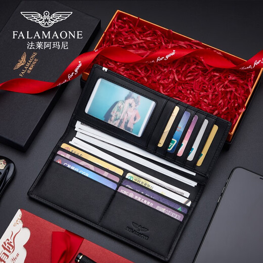 Falamaone Herren Brieftasche Männer Lange Leder -Männer Brieftasche Kuhläden Leder Brieftet Geburtstagsgeschenk für Freund Ehemann Vater Schwarz [Theke Geschenkbox]