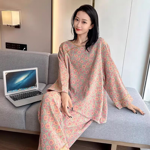 
Jiuhongfei Fat mm pajamas for women in spring and autumn large size pure cotton retro Chinese style floral cotton yarn home clothes plus fat plus 200 Jin [Jin equals 0.5 kg] YZ16802 4XL (130-180 Jin [Jin equals 0.5 kg])