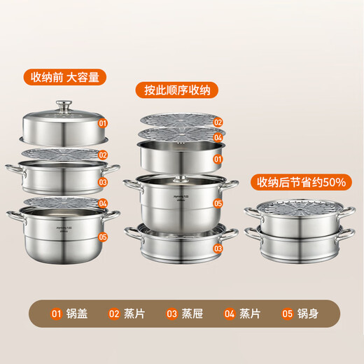 Joyoung steamer 304 stainless steel steamer with high arch cover, large capacity, three layers, steamable crab buns, universal for stoves 30cm