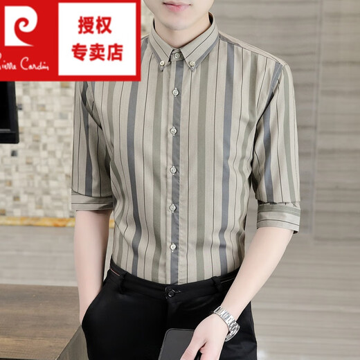 
Pierre cardin (pierre cardin) quarter-sleeved shirt men's casual slim summer thin half-sleeved striped shirt trendy handsome mid-sleeved top DC679 white 3XL [recommended 140-150Jin [Jin equals 0.5 kg]]