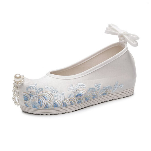 Zhenxi Hanfu -Schuhe für Frauen im Frühling und Herbst Alte Style Sticked Schuhe Stoff Schuhe Quasten Quasten HAISE ZAS UND ERHERGTE BUGSHOUS HAN -Element Performance Schuhe Welle weiß - erhöht ca. 4 cm 36 36