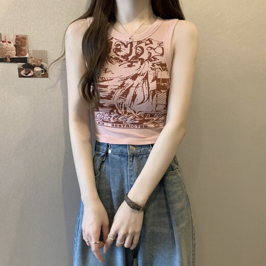 云大师美式辣妹复古工字针织吊带背心女夏遮副乳宽肩带无袖短款运动上衣 美式复古【杏色】 均码