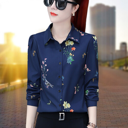 Ran Yilan middle-aged man's summer long-sleeved clothes for women's printed chiffon shirt for women spring and autumn new mother's outfit retro 3519 big red one size s
