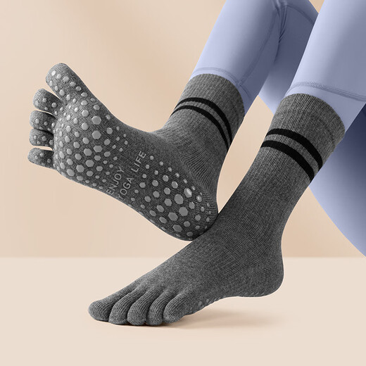 Huodiniao Yoga Socks Pilates Long Socks Non-Slip Indoor Floor Socks Adult Mid-Tube Toe Socks Fitness Sports Dance Socks Gray + Black 2 Pairs