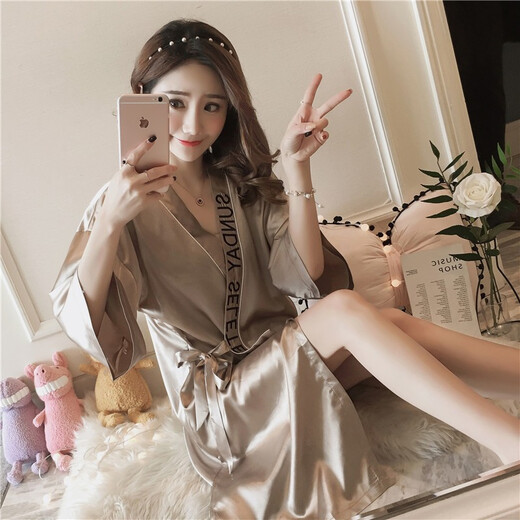 纤柔嘉睡袍女夏季浴衣女夏天和服女士睡衣单件浴袍冰丝性感家居服 QMS9896灰色 均码 适合75-135斤