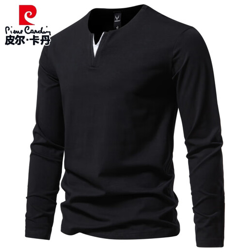 Pierre Cardin Henry heavyweight men's long-sleeved T-shirt with spring and autumn slim casual v-neck solid color bottoming shirt clothes top black XL