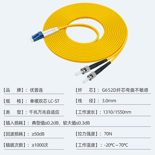 优普连 电信级单模光纤跳线LC-LC双芯双工3M5米尾纤小方转FC/SC/ST 千兆万兆光纤线入户线延长线 单模双芯LC-ST 30米