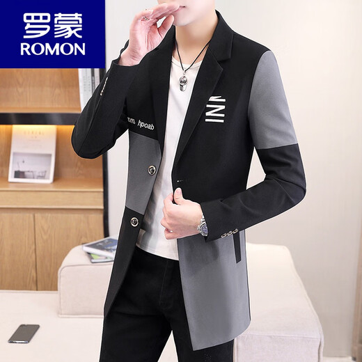 ROMON mid-length windbreaker for men spring and autumn 2026 new spliced ​​casual jacket Korean style trendy slim fit handsome black 209 spliced ​​mid-length 2XL