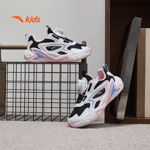 Zapatillas para niñas de anta para niños 2024 botón de mando de cuero de malla de otoño e invierno de otoño e invierno más zapatos de algodón de terciopelo [para niños regulares] negro/blanco/azul/rosa 9904-1 tamaño 30