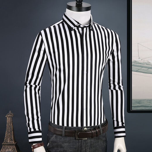 Talentiertes Yijia Schwarz-Weiß vertikal gestreiftes Hemd Herren-Langsamen trendy hübsches Frühling Slim Cotton Free Bügelgeschäft Casual Herren Fashion Shirt Navy Blue Striped CZLX5009 42/2xl/180