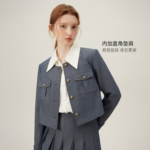 范思蓝恩法式小香风外套女春装新款短款休闲仿牛仔外套24FS11165 牛仔蓝 L