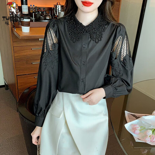 Woodpecker embroidered cotton shirt for women in spring 2024 new fashionable embroidered age-reducing shirt loose and versatile long-sleeved top CY9227 White M [Suggested 96-110Jin [Jin equals 0.5 kg]]