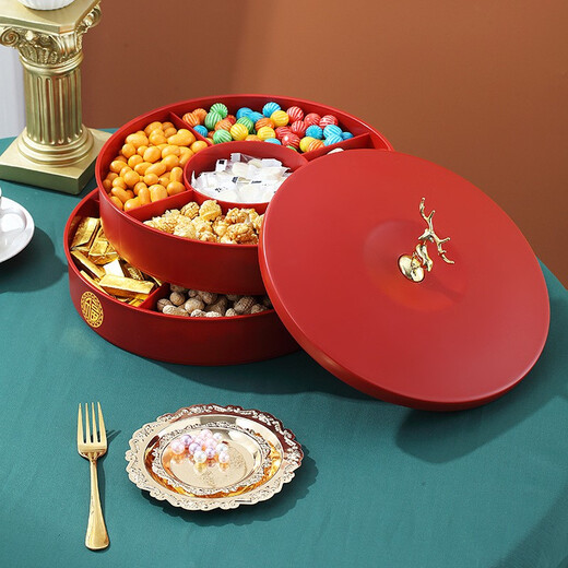 Jiadelang Fuzi light luxury dried fruit tray dried fruit box five-quarters wedding and moving to the living room festive dried fruit tray box usually living room high-end ornaments with lid retail storage box Xiaolu double-layer fruit tray-red