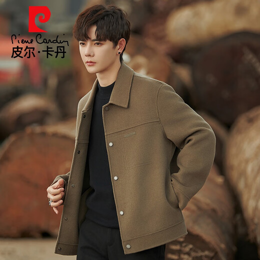 皮尔卡丹双面羊毛呢子外套男士春秋新款大衣短款高端轻奢休闲夹克男冬装厚 咖色 S 165