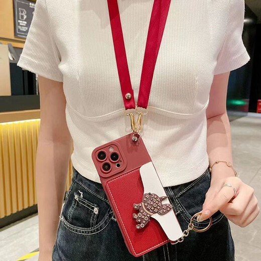 盾壳（duncoo） 适用于小狗oppo手机壳斜挎零钱包简约女款 插卡卡包轻奢软壳小兔挂脖ins风 酒红色小兔卡包+斜挎挂绳 其他型号可以联系客服留言备注发货