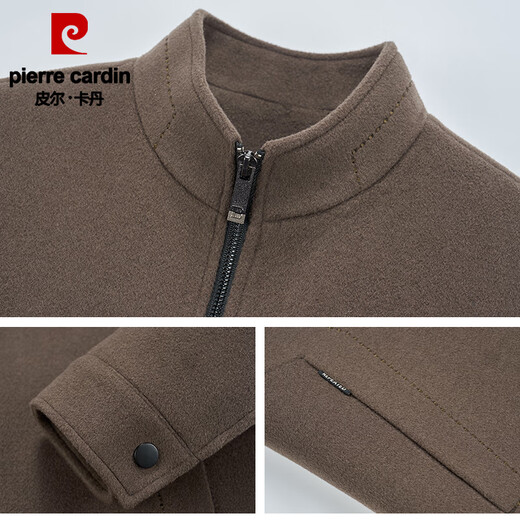 皮尔卡丹（pierre cardin）品牌羊毛呢子外套男秋冬短款鹅绒内胆立领中年爸爸双面呢夹克针织 咖色 M 170 100-125斤